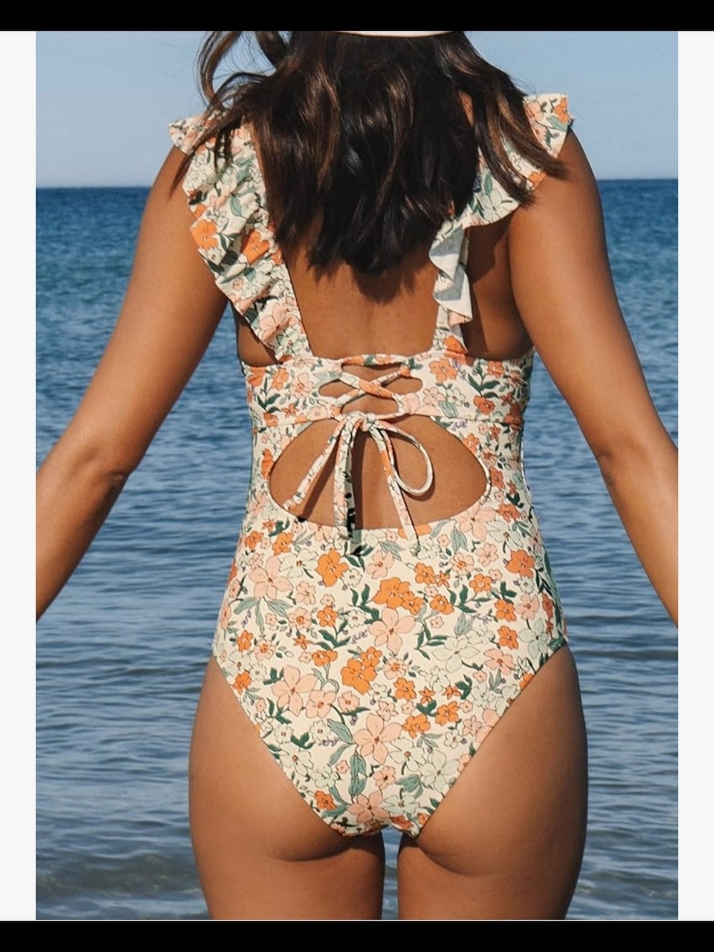 Cupshe Cream Floral Ruffle One-Piece Swimsuit with Orange & Green Accents - Picture 2 of 4